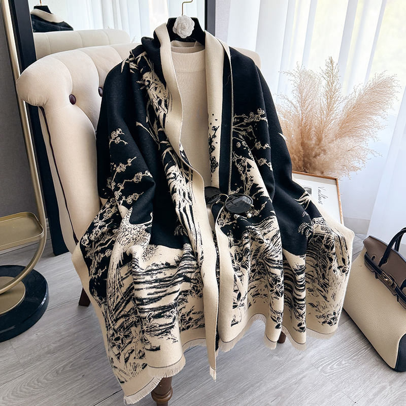 Cashmere Pashmina Wrap - Women Winter Cashmere Scarf White Crane