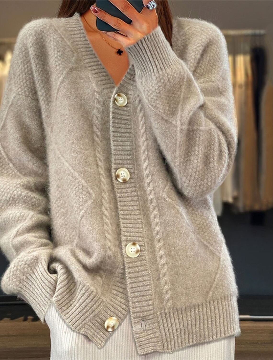 Women V Neck Cable Knit Cardig - огляд і ціна Down Jacket Packable